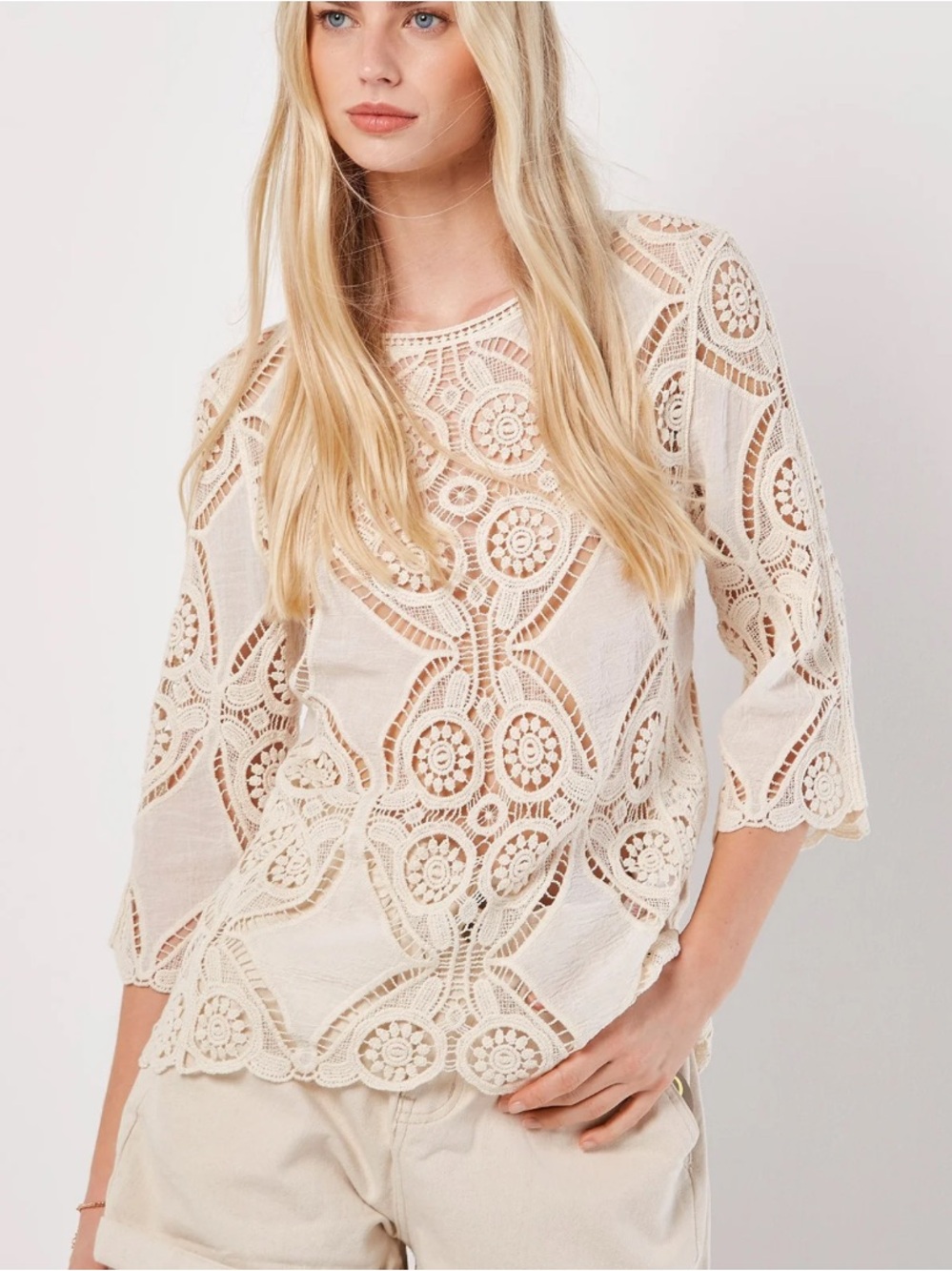 APRICOT Ivory Crochet Lace Tunic Top